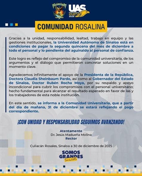 Anuncio del rector de la UAS sobre el pago de aguinaldo y quincena al personal de confianza